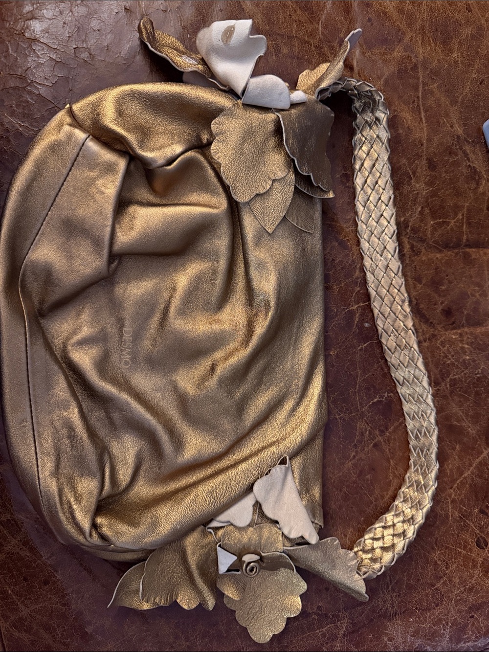 Vintage DESMO Made In Italy Metallic Gold Leather Floral Shoulder Bag
